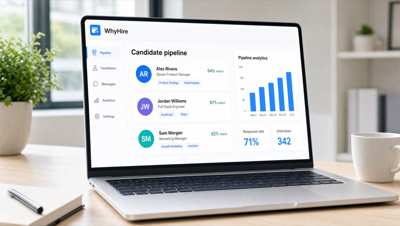 The WhyHire recruiter dashboard: a candidate pipeline with match scores, skill chips, and hiring analytics.