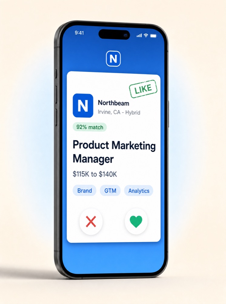 The WhyHire candidate app on a phone: swiping right on a Product Marketing Manager role at Northbeam with a 92% match.