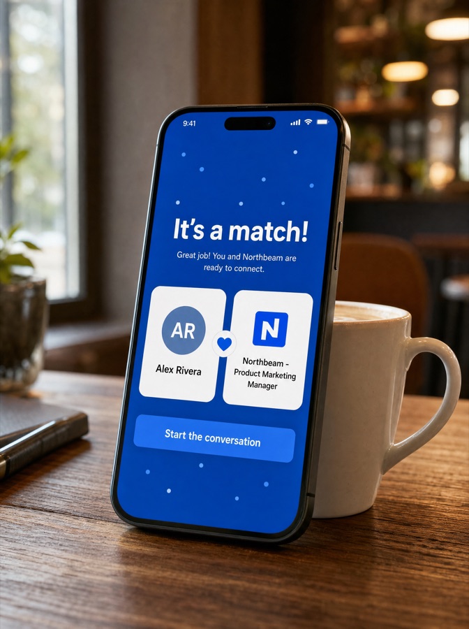 A WhyHire 'It's a match' screen connecting graduate Alex Rivera with a Product Marketing Manager role at Northbeam.